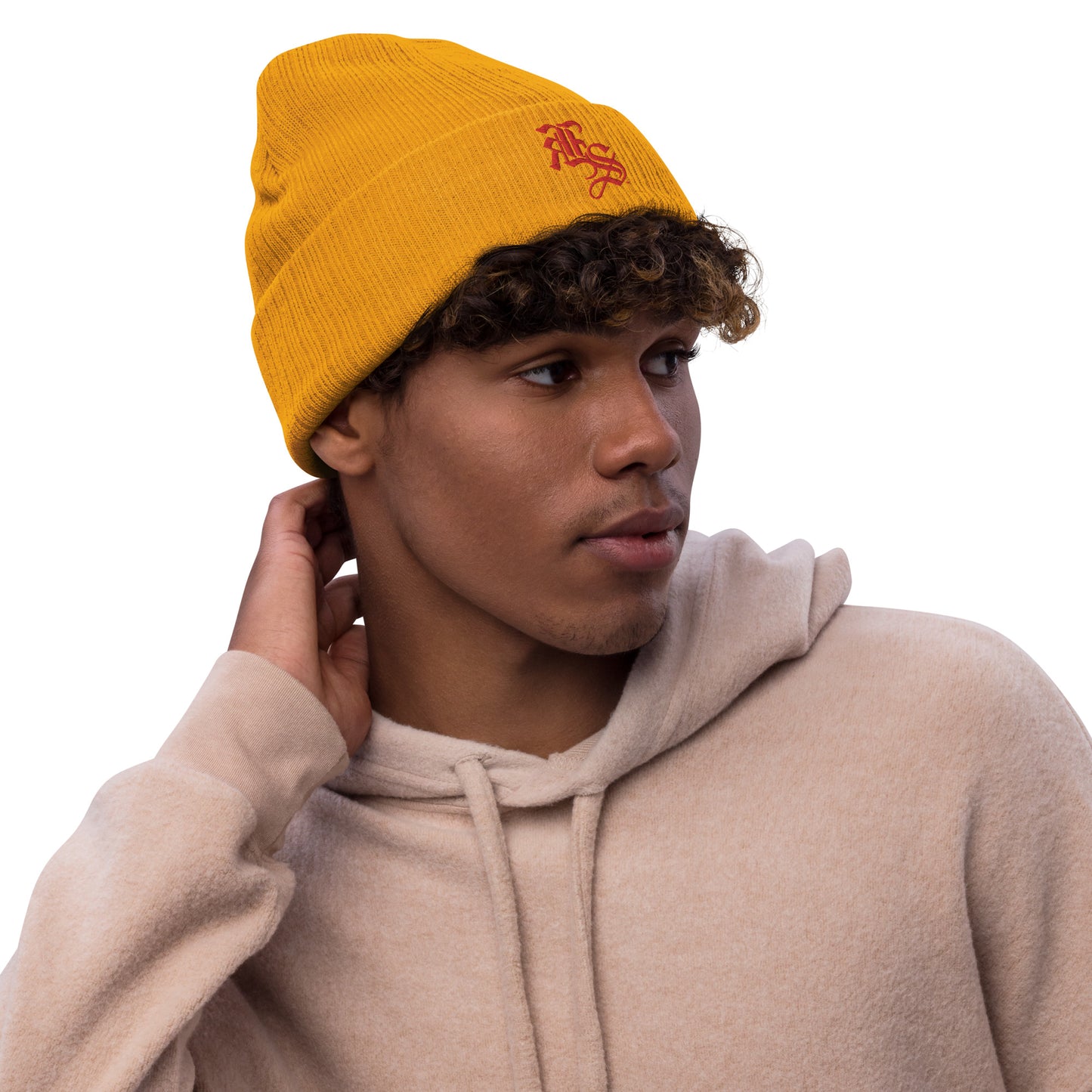 KS MUSTARD / RED Ribbed knit beanie